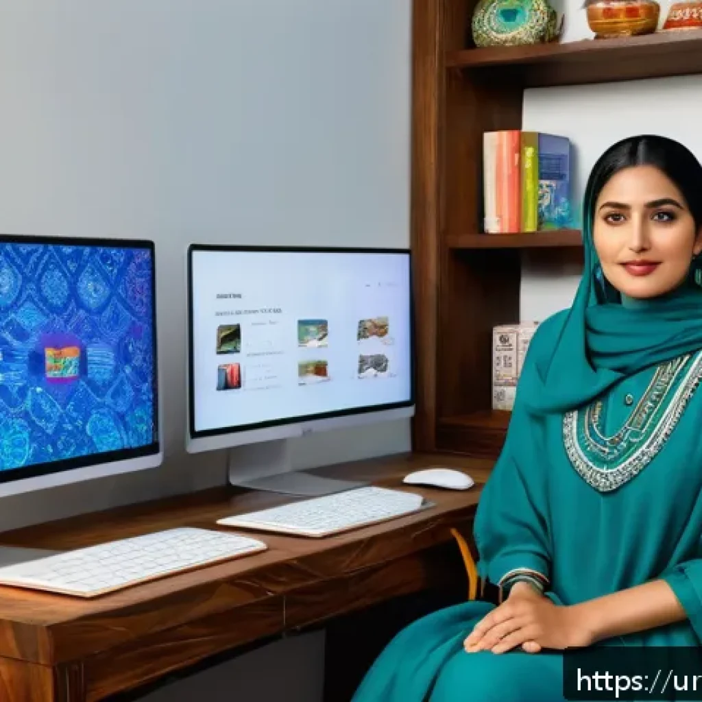 스토리텔러 관련 직무와 관련된 최신 트렌드 - A vibrant digital storytelling scene set in a modern home office designed for a Pakistani Urdu-speak...