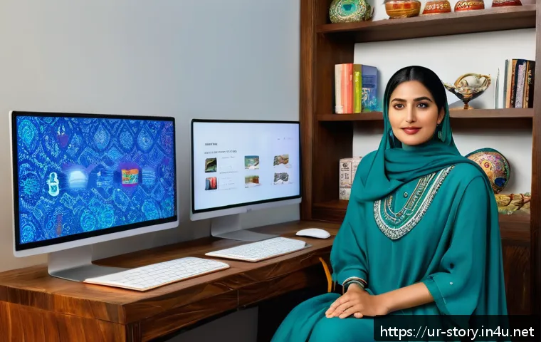 스토리텔러 관련 직무와 관련된 최신 트렌드 - A vibrant digital storytelling scene set in a modern home office designed for a Pakistani Urdu-speak...