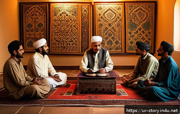 스토리텔러 직무에서의 스토리 제작 능력 향상 방법과 사례 분석과 전략 - A warm and emotionally evocative scene depicting a Pakistani storyteller in traditional attire sitti...