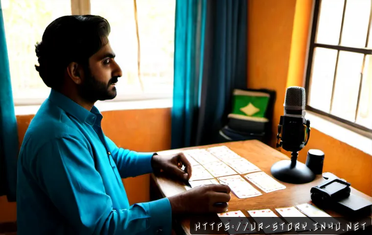 Home 17 스토리텔러 직업과 관련된 다양한 스토리 제작 방법 - Photorealistic Pakistani Urdu storyteller in a warm Lahore-style home studio, seated at a wooden des...