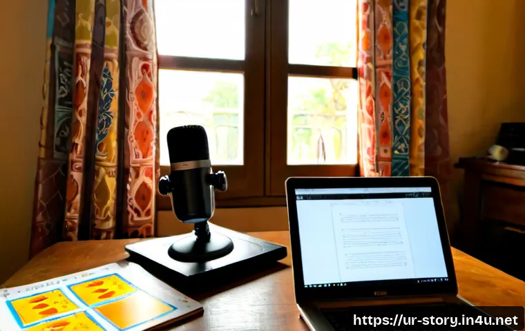 Home 17 스토리텔러가 주목해야 할 콘텐츠 창작 툴 - Photorealistic Pakistani Urdu storyteller in a bright home studio, seated at a tidy wooden desk with...