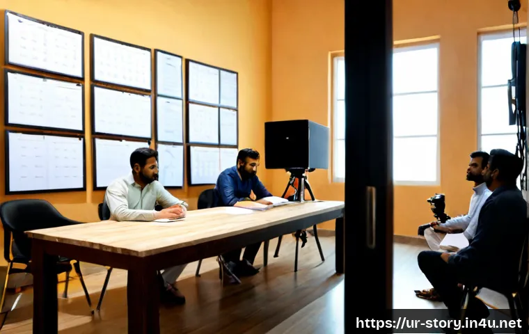 스토리텔러가 참여한 주요 프로젝트 리뷰 - Photorealistic editorial scene of a Pakistani storyteller and project team reviewing a major documen...