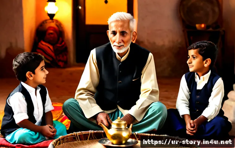Home 30 스토리텔러와 관련된 문학 장르 - Photorealistic evening scene in a Pakistani courtyard, an elderly Urdu storyteller in modest traditi...