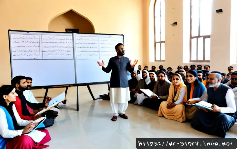 Home 17 스토리텔러 자격증의 활용 방법과 전략 - Photorealistic Pakistani Urdu-speaking storyteller leading an engaging community workshop in a brigh...